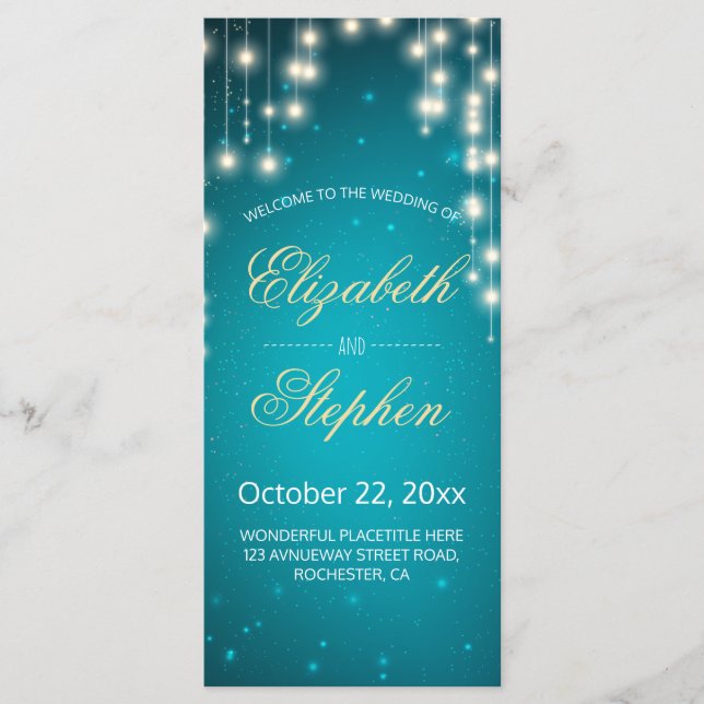 String Lights & Turquoise Glitter Wedding Program (Front)
