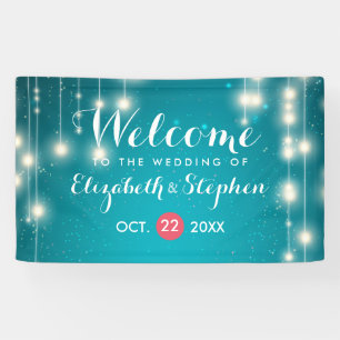String Lights & Turquoise Glitter Wedding Welcome Banner