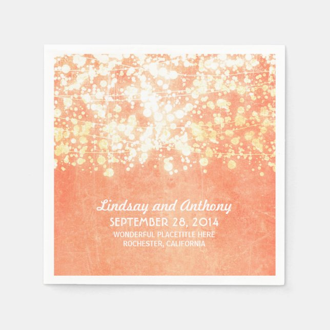 string lights vintage peach and gold wedding napkin (Front)