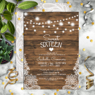 String Lights Wood and Lace Sweet 16 Party Invitation