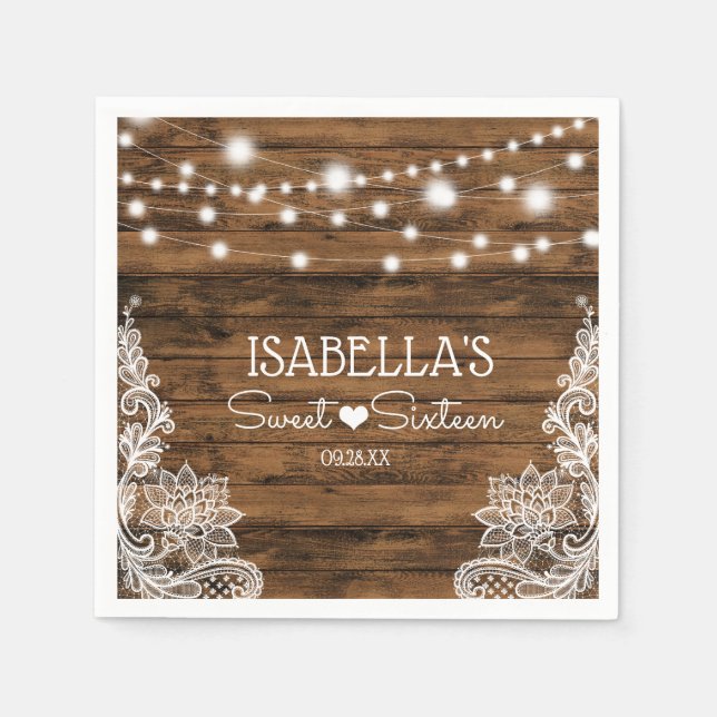 String Lights Wood and Lace Sweet Sixteen Napkin (Front)