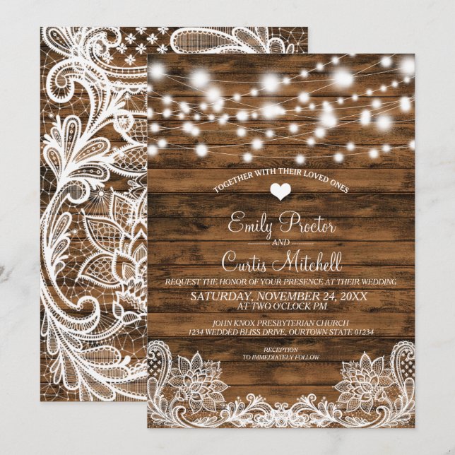 String Lights Wood and Lace Wedding Invitation (Front/Back)