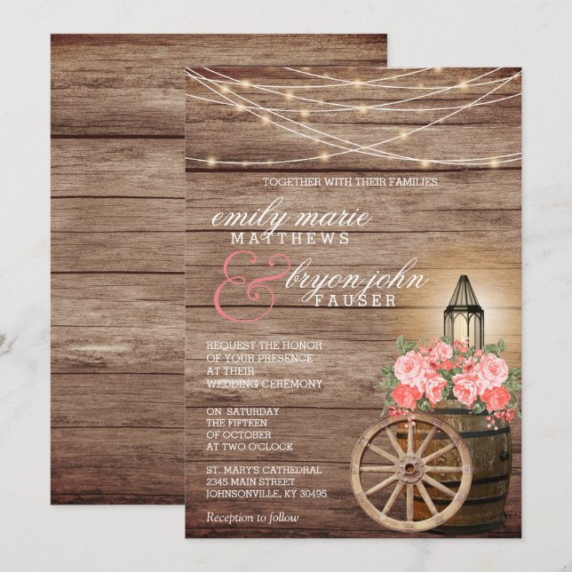 String Lights, Wood Barrel and Coral Flowers Invitation (Front/Back)