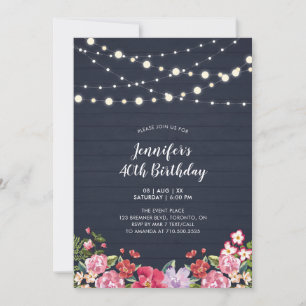 String Lights & Wood   Floral Adult Birthday Party Invitation
