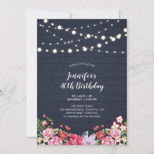 String Lights & Wood   Floral Adult Birthday Party Invitation