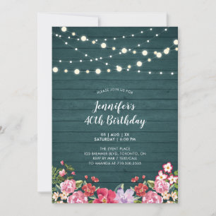 String Lights & Wood Floral Adult Birthday Party Invitation