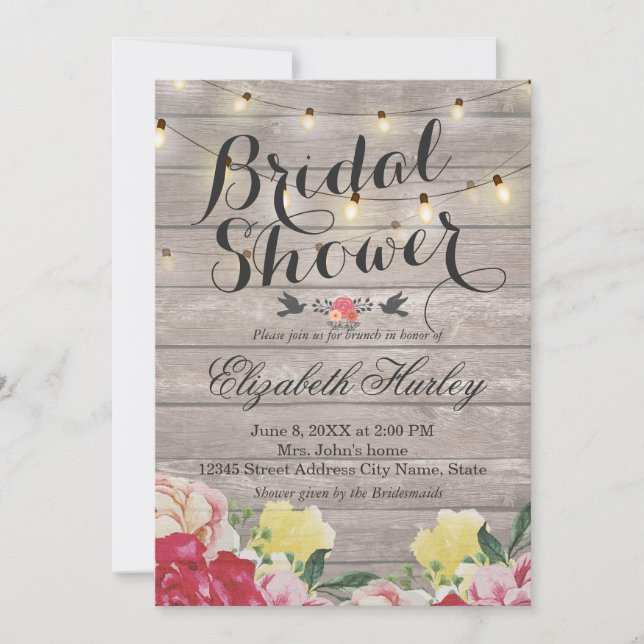 String Lights & Wood Floral Bridal Shower Wedding Invitation (Front)
