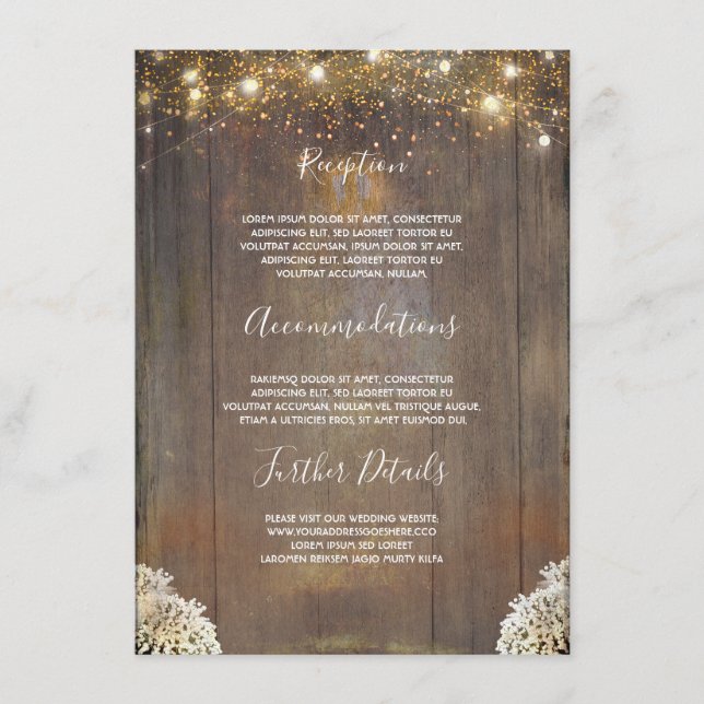 String Lights Wood Rustic Wedding Details Enclosure Card (Front)