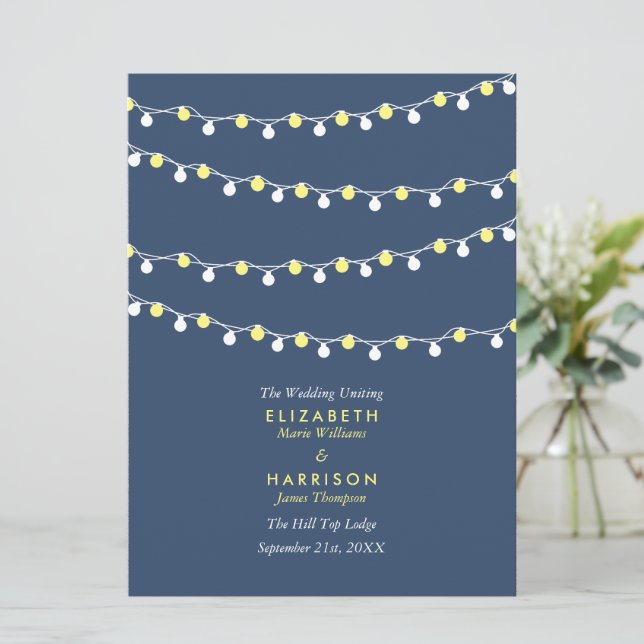 String Lights, Yellow & White Wedding Programme Program (Standing Front)