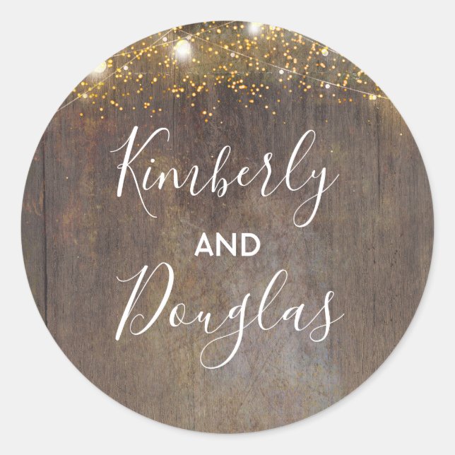 String of Lights and Rustic Wood Classic Round Sticker (Front)