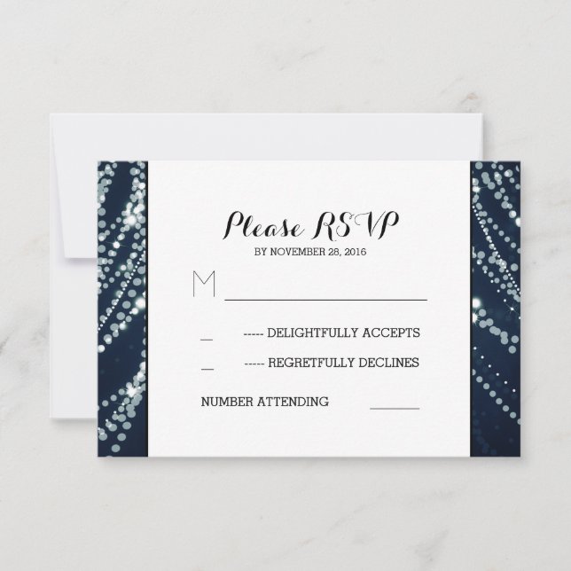 String of lights blue wedding RSVP cards (Front)