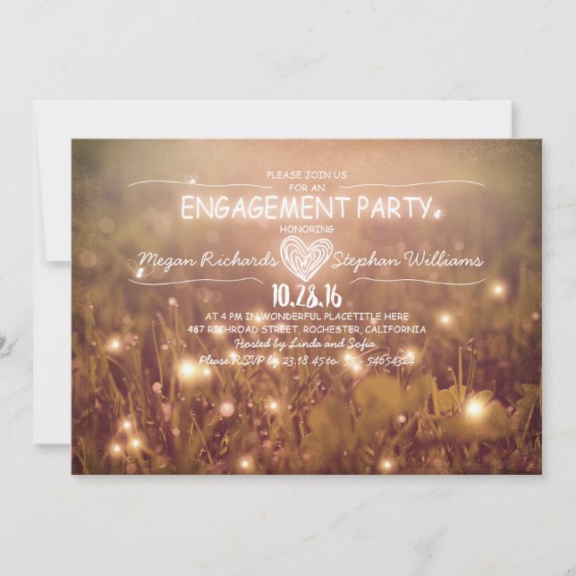 string of lights fireflies rustic engagement party invitation (Front)