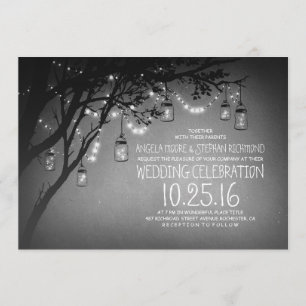 string of lights mason jars vintage wedding invitation