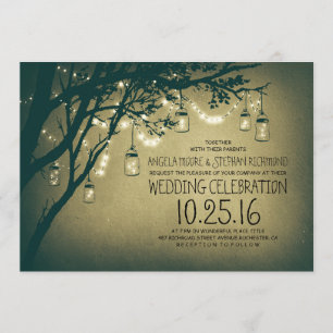 string of lights mason jars vintage wedding invitation