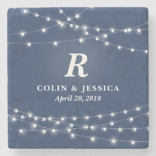 String of Lights Monogram Personalized Wedding Day Stone Coaster