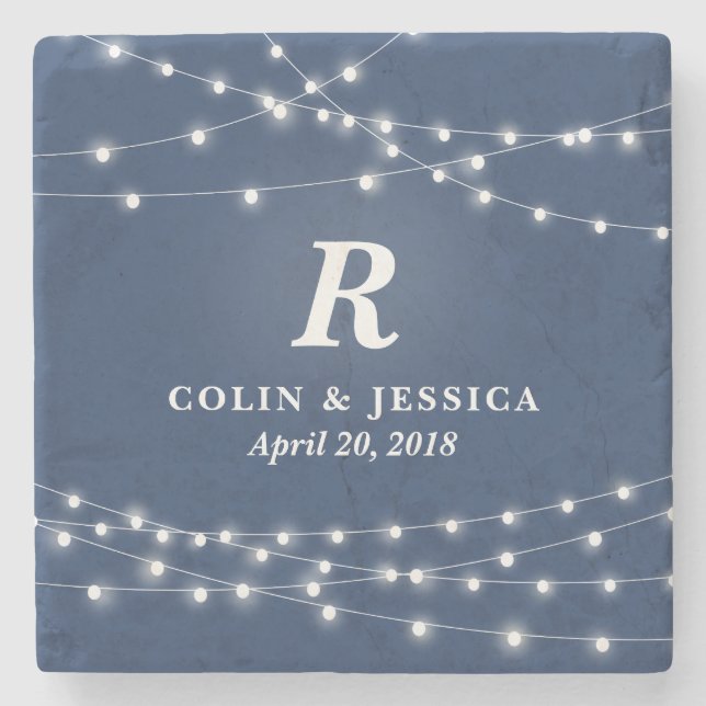 String of Lights Monogram Personalized Wedding Day Stone Coaster (Front)