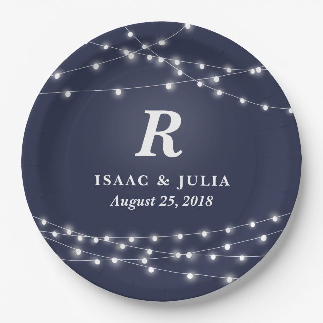String of Lights Monogram Wedding Day Personalized Paper Plate (Front)