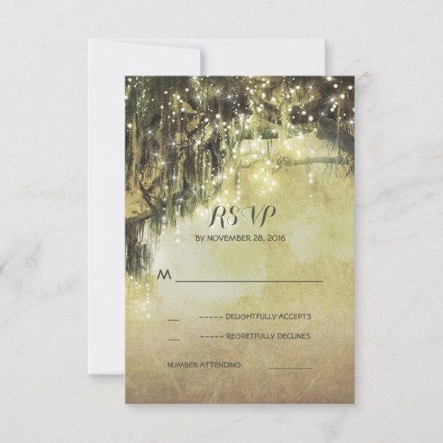 String of lights mossy tree rustic wedding RSVP (Front)