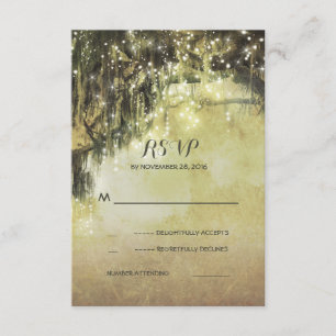 String of lights mossy tree rustic wedding RSVP Card