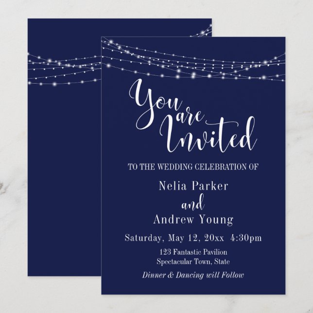 String of Lights on Navy "You Are Invited" Wedding Invitation (Front/Back)