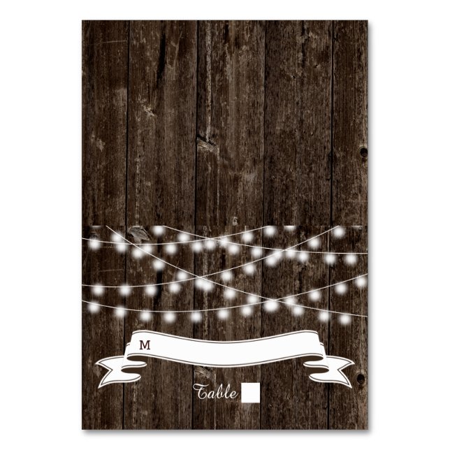 String of lights  on old wood wedding escort card (Front)