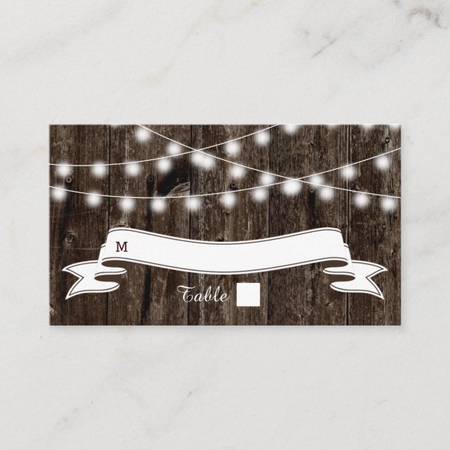 String of lights  on old wood wedding place card (Front)