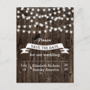 String of lights on old wood wedding Save the Date Announcement Postcard