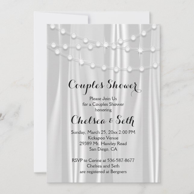 String of Lights on White Satin Couple's Shower Invitation (Front)