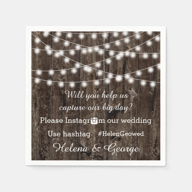 String of lights on wood & hashtag wedding napkin (Front)