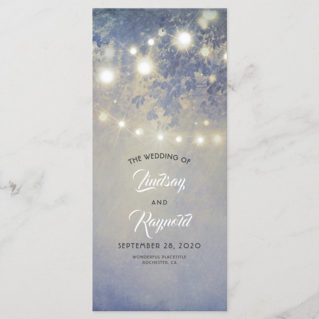 String of Lights Rustic Dusty Blue Wedding Program (Front)