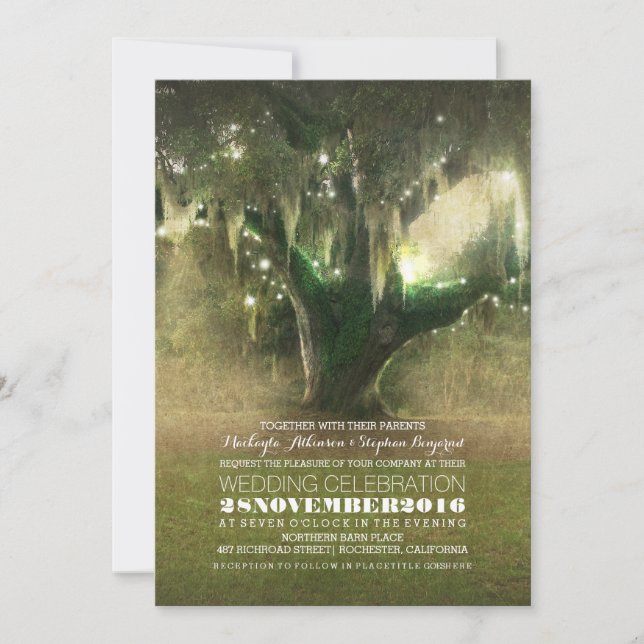 String of Lights Rustic Oak Tree Wedding Invites (Front)
