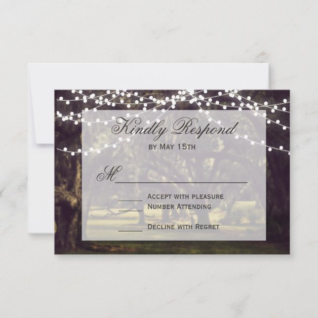 String of Lights Rustic Oak Tree Wedding RSVP Card (Front)