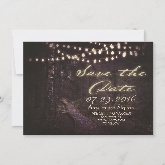 string of lights rustic trees save the date (Front)