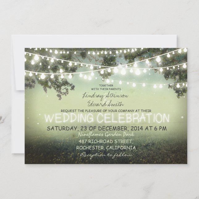 string of lights rustic wedding invitation (Front)