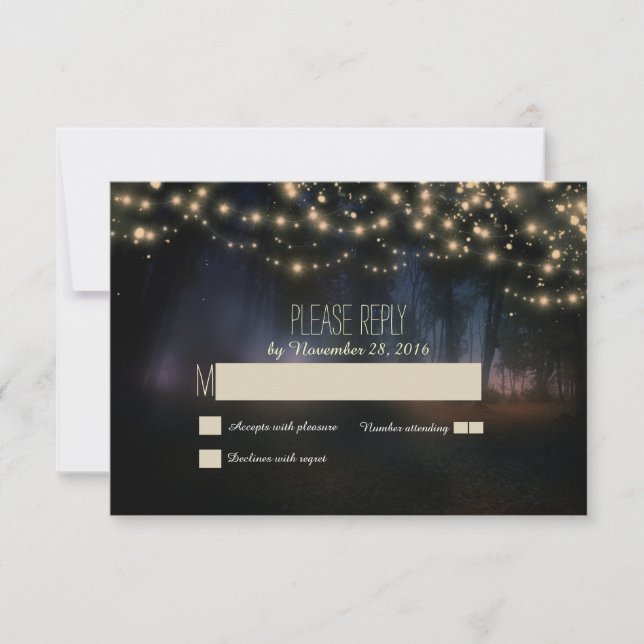 string of lights rustic wedding RSVP cards (Front)