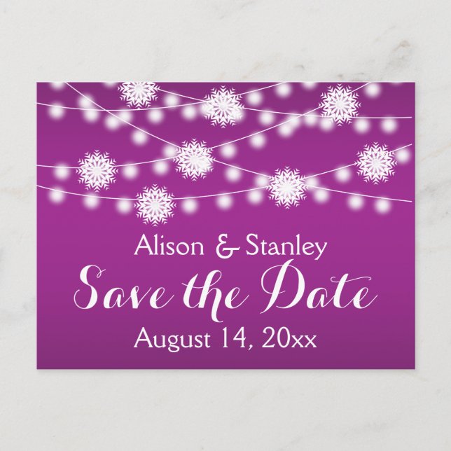 String of lights, snowflake wedding Save the Date Announcement Postcard (Front)