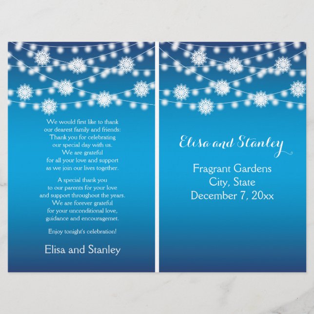 String of lights snowflakes blue wedding program (Front)