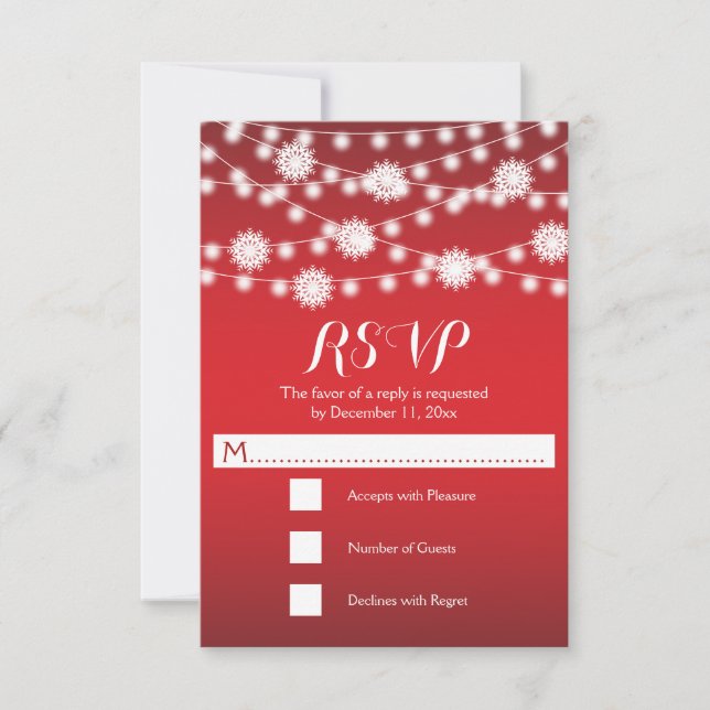 String of lights & snowflakes red wedding RSVP (Front)