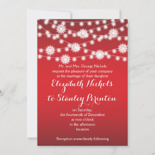 String of lights & white snowflakes red wedding invitation