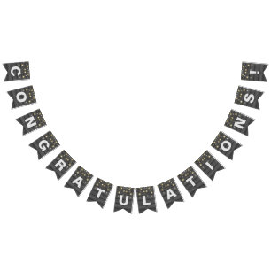 string of party lights on black wood bunting flags