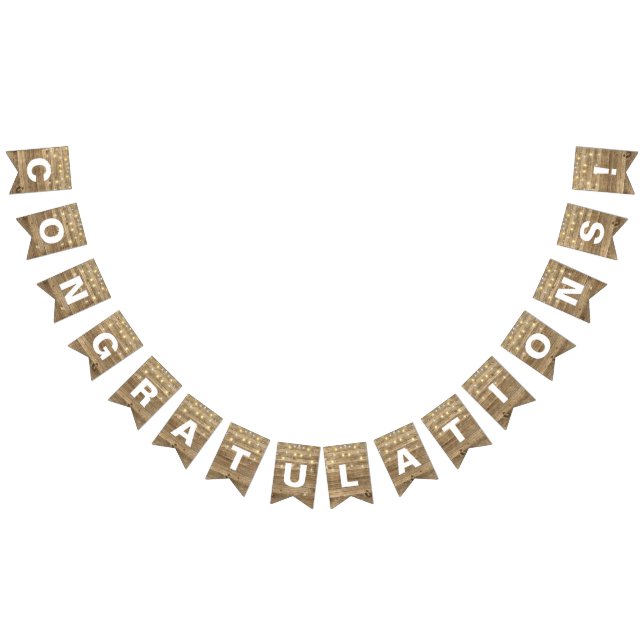 string of party lights on rustic wood bunting flags (All)