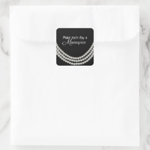 string of pearls on black with quote square sticker