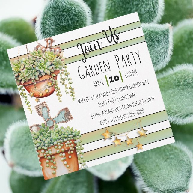 String of Pearls Succlents and Rustic Garden Decor Invitation (Cute customizable garden party invitation with succulents and stars.  Perfect for spring gatherings.)