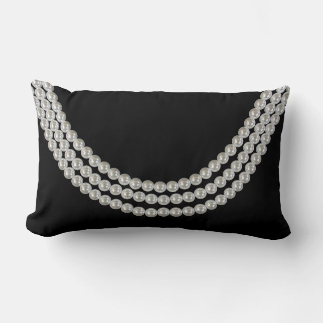 string of white pearls on black lumbar pillow (Front)