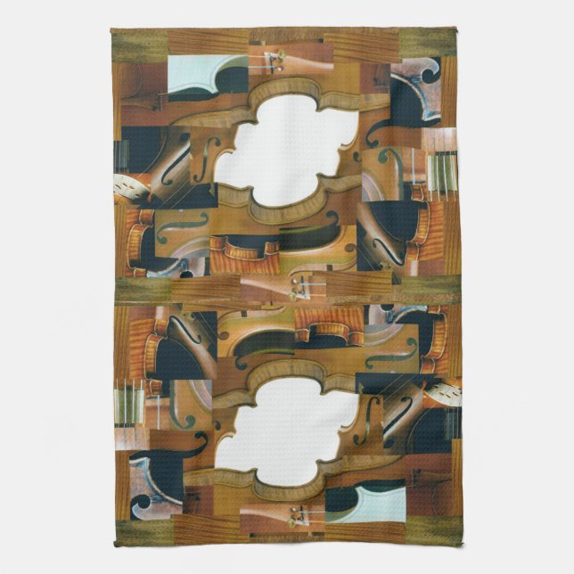 Stringed Instrument Patchwork Look Collage Kitchen Towel (Vertical)