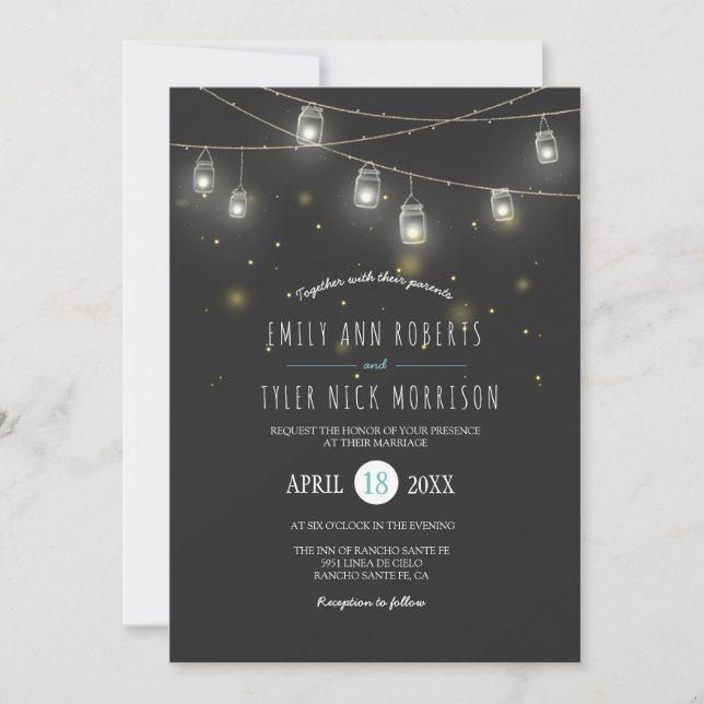 Strings of Glowing Mason Jars Fireflies Wedding Invitation (Front)