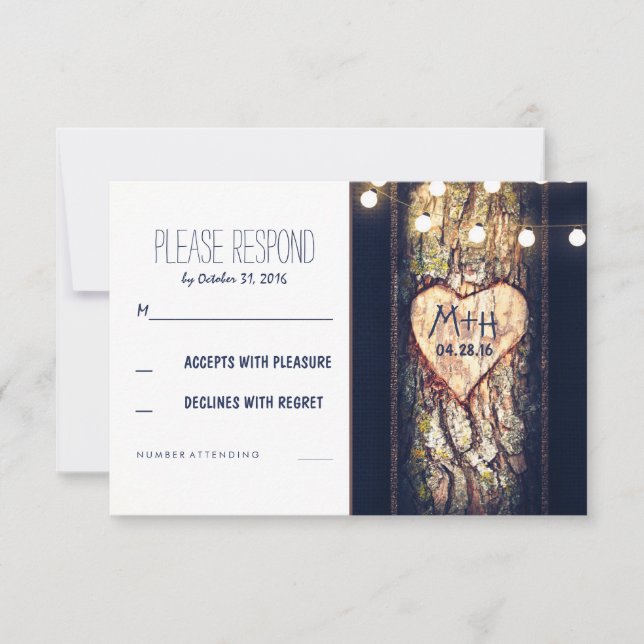 Strings of Lights Carved Heart Wedding RSVP Cards (Front)