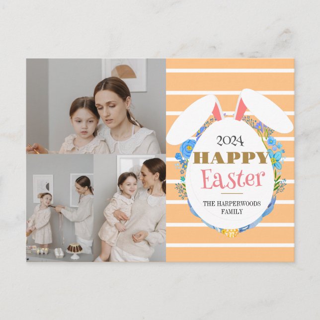 Strip Floral Simple Easter Family Three photo Holiday Postcard (Front)