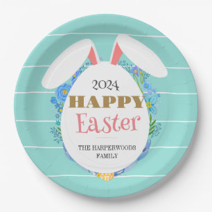 Strip Floral Simple Elegant Easter Bunny Family  Paper Plate