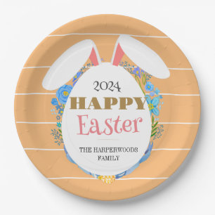 Strip Floral Simple Elegant Easter Bunny Family Paper Plate